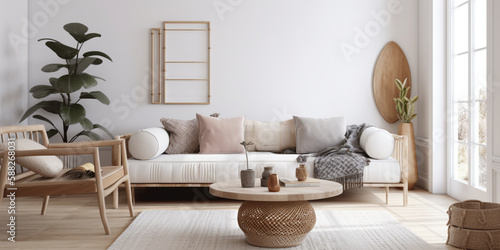 Modern interior in beige and grey colors, cozy living room created with ai generative tools