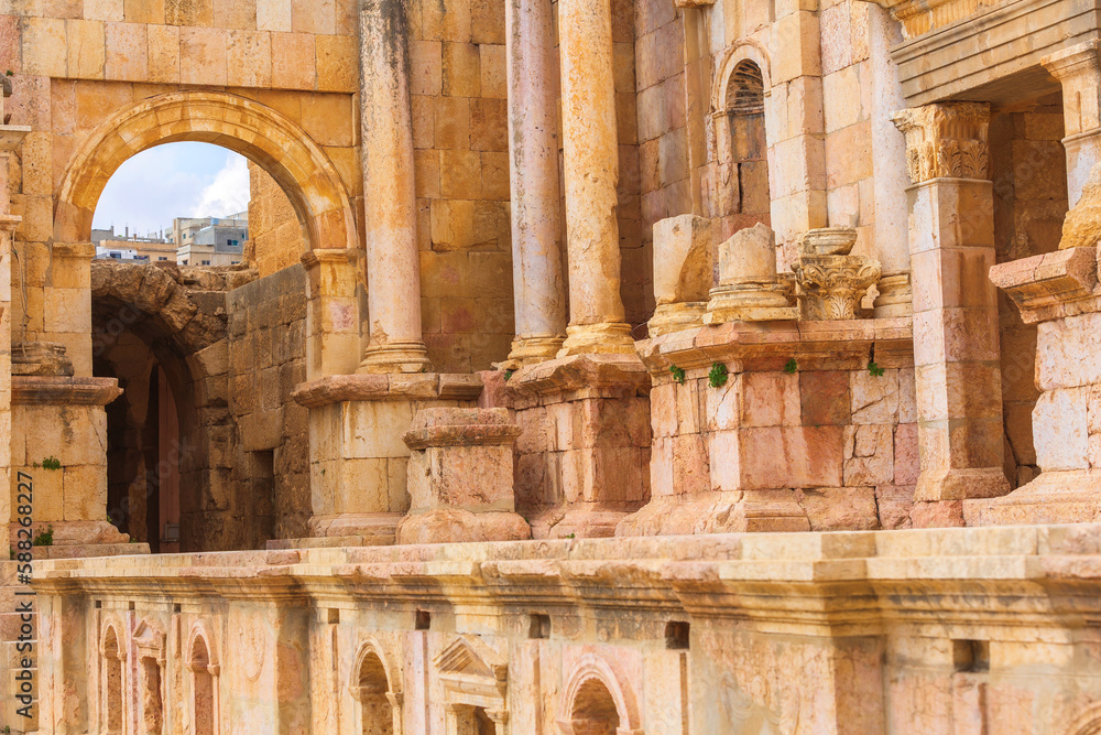 Jerash, Jordan close-up details of Roman amphitheater South Theatre in ancient city Gerasa archeological site