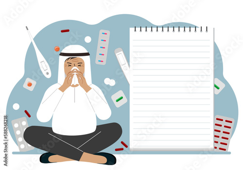 A sick man with a runny nose holds a handkerchief. Nearby there are a lot of medicines, pills, thermometers and a large notebook for notes.