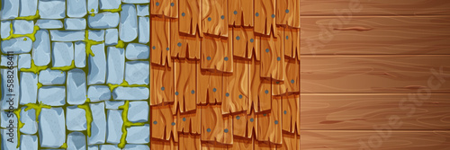 Set stone and wooden materials, textured surface wood comic background in cartoon style. Wall, panel for game, ui design