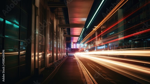 Abstract long exposure dynamic speed light rails in city. Generative AI