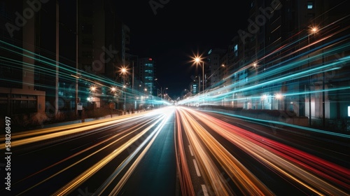 Abstract long exposure dynamic speed light rails in city. Generative AI