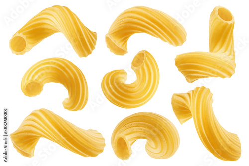 raw Cavatappi, Cellentany, uncooked Italian Pasta, isolated on white background, full depth of field