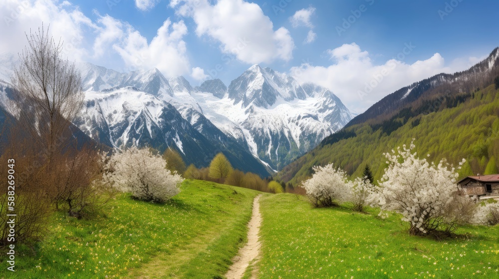 Idyllic mountain landscape in the Alps. Generative AI Idyllic mountain landscape in the Alps. Generative AI