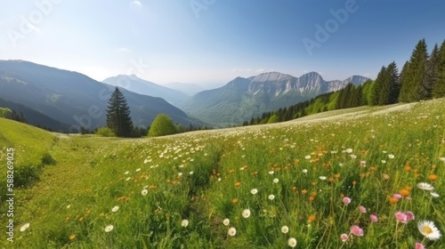 Idyllic mountain landscape in the Alps. Generative AI © AdriFerrer