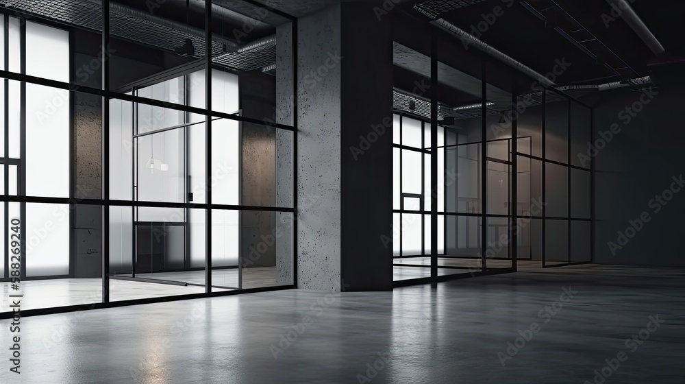 Dark, modern office space with large windows and a minimalist design. Dark, modern office space with large windows and a minimalist design.