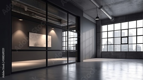 Industrial office interior with large windows, exposed ceiling, and modern furniture.