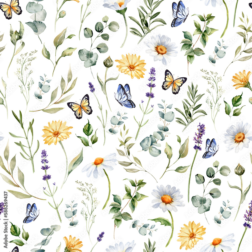Watercolor wildflowers seamless pattern. Repeating print. Daisy, calendula, lavender, eucalyptus branches and leaves. Summer floral background for wrapping, greeting cards and invitations
Watercolor wildflowers seamless pattern. Repeating print. Daisy, calendula, lavender, eucalyptus branches and leaves. Summer floral background for wrapping, greeting cards and invitations