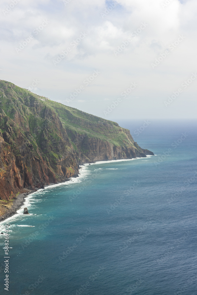 Cliffs at Atlantic Ocean in Madeira Island at spring
