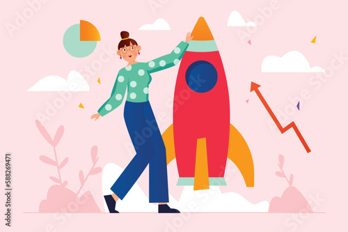 Business startup pink concept with people scene in the flat cartoon style. Girl launches her first business startup. Vector illustration.