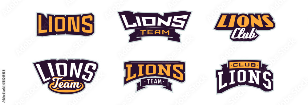 A set of bold fonts for lion mascot logo. Collection of text style lettering for esports, leo mascot logo, sports team, college club logo. Font on ribbon. Vector illustration isolated on background