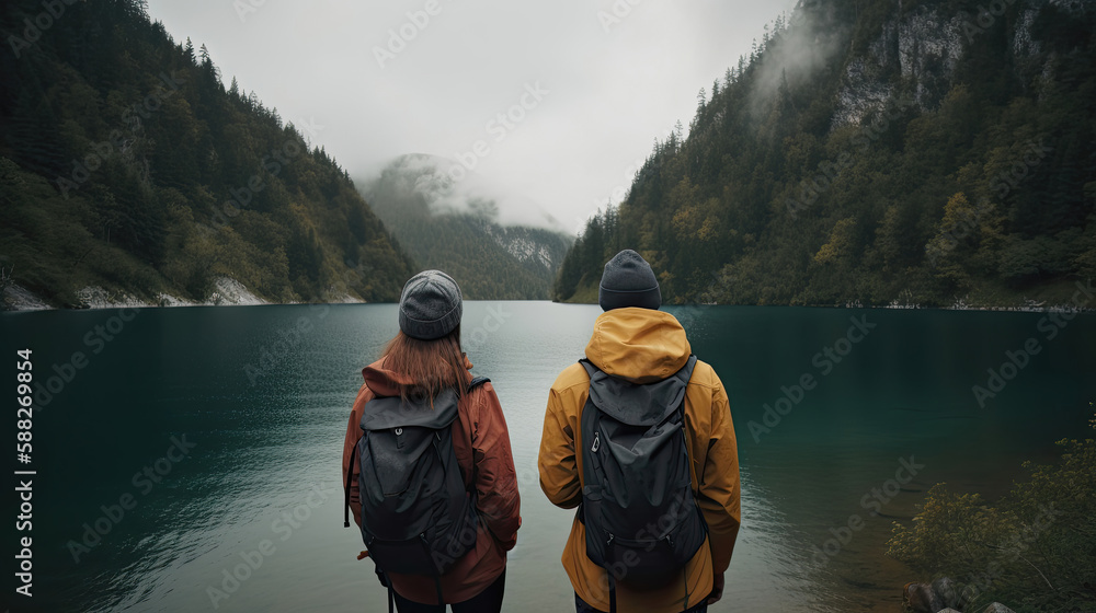 Travelers couple look at the lake and the mountains. Generative AI Travelers couple look at the lake and the mountains. Generative AI