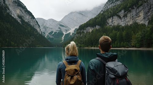 Travelers couple look at the lake and the mountains. Generative AI