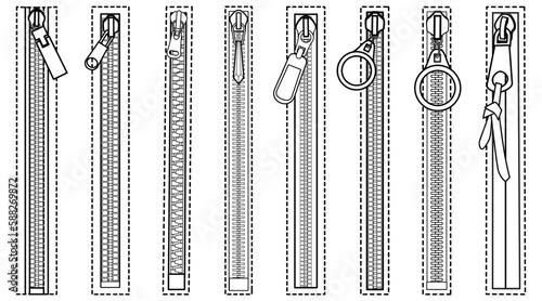 set of zippers flat sketch vector illustration technical cad drawing template photo