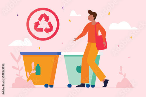 Eco waste pink concept with people scene in the flat cartoon style. Man sorts the garbage into special containers so that it can be recycled later. Vector illustration.