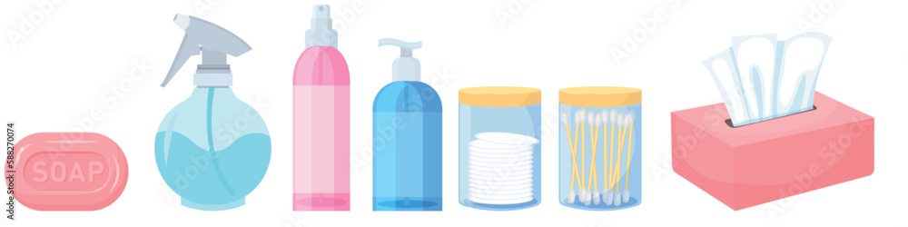 Vector cartoon set of bathroom hygiene items. The concept of cleanliness and self-care. Beautiful elements for your design. Vector cartoon set of bathroom hygiene items. The concept of cleanliness and self-care. Beautiful elements for your design.