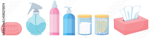 Vector cartoon set of bathroom hygiene items. The concept of cleanliness and self-care. Beautiful elements for your design.