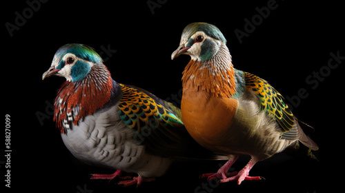 Isolated Colorful Two Columbidae On Black Background  Generative Ai