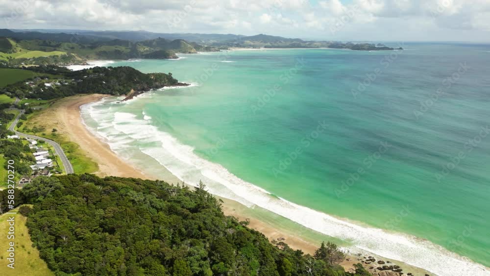 Aerial View Of Woolleys Bay Beach, Secluded Tourist Attraction In Matapouri, New Zealand. Aerial View Of Woolleys Bay Beach, Secluded Tourist Attraction In Matapouri, New Zealand.
