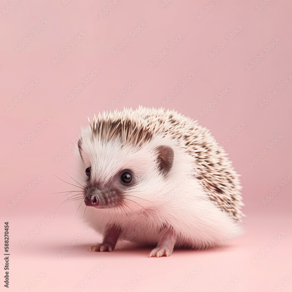 Little cute African pygmy hedgehog, adorable animal on pastel pink background. Four toed hedgehog baby. Illustration, Generative AI. Little cute African pygmy hedgehog, adorable animal on pastel pink background. Four toed hedgehog baby. Illustration, Generative AI.