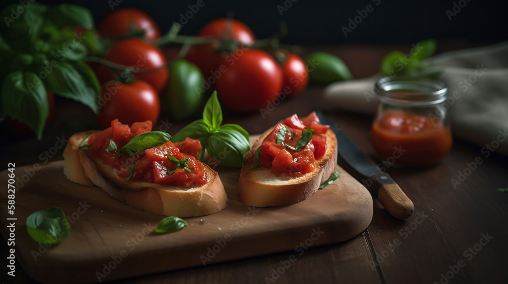 Photograph showcasing a beautifully plated bruschetta with ripe tomatoes and fresh basil.