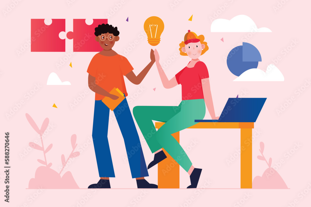Fototapeta premium Teamwork pink concept with people scene in the flat cartoon design. Two friends are happy that they were able to complete the task together. Vector illustration.