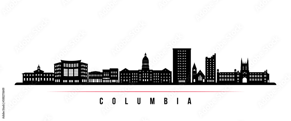 Columbia skyline horizontal banner. Black and white silhouette of Columbia, MO. Vector template for your design.