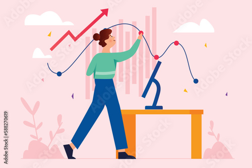 Stock market pink concept with people scene in the flat cartoon style. Financier follows the rapid spread of various currencies on the stock market. Vector illustration.