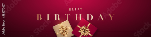 Happy Birthday header web banner. Pattern with realistic gift boxes. Luxury vector design. Concept background for holidays.