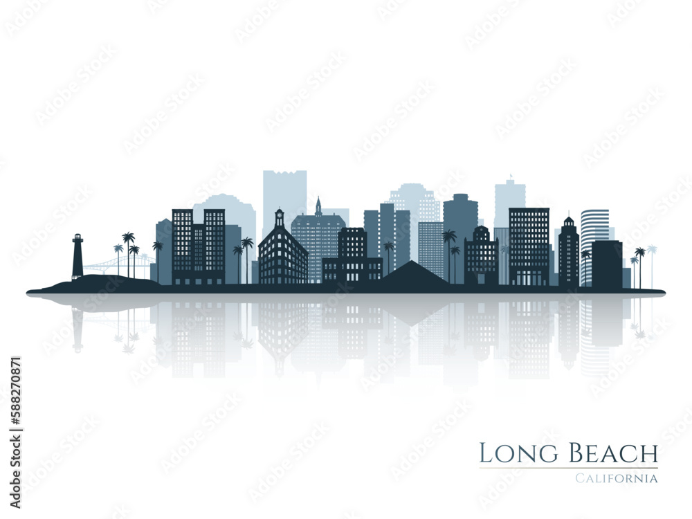 Long Beach skyline silhouette with reflection. Landscape Long Beach, California. Vector illustration. - obrazy, fototapety, plakaty 