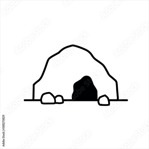 Cave icon. Stone shelter. Entrance to the mountain dungeon. Black silhouette