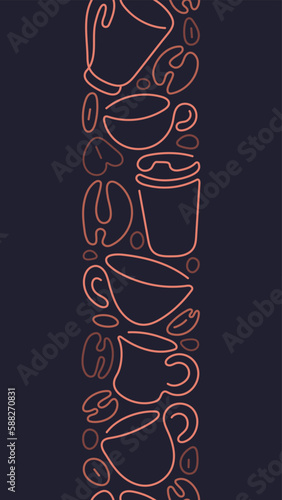 Coffee line border Vector cappuccino cup, art bean