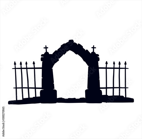 Old fence of cemetery. Halloween decoration. Black silhouette of gloomy wall.