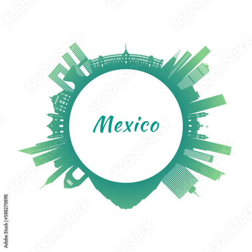 Mexico skyline with colorful buildings. Circular style. Stock vector illustration.