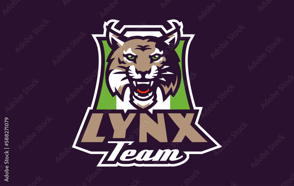 Sports logo with lynx mascot. Colorful sport emblem with lynx, bobcat mascot and bold font on shield background. Logo for esport team, athletic club, college team. Isolated vector illustration