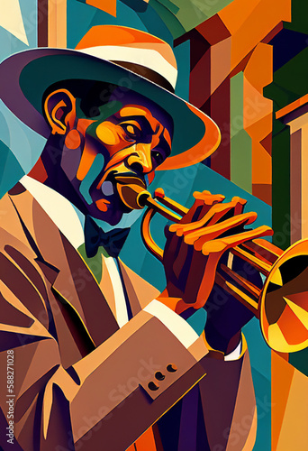 Afro-American male jazz musician trumpeter playing a brass trumpet in an abstract cubist style painting for a poster or flyer, computer Generative AI stock illustration photo