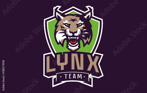 Sports logo with lynx mascot. Colorful sport emblem with lynx, bobcat mascot and bold font on shield background. Logo for esport team, athletic club, college team. Isolated vector illustration