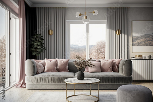 Modern interior design of the living room with big panoramic window. Super photo realistic background, generative ai illustration