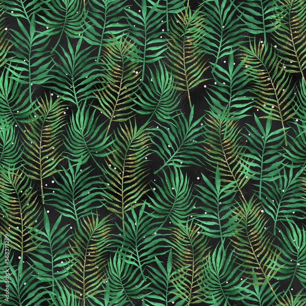 Tropical background, exotic seamless pattern, trendy pattern, dark pattern, black background, green leaves, gold little dots