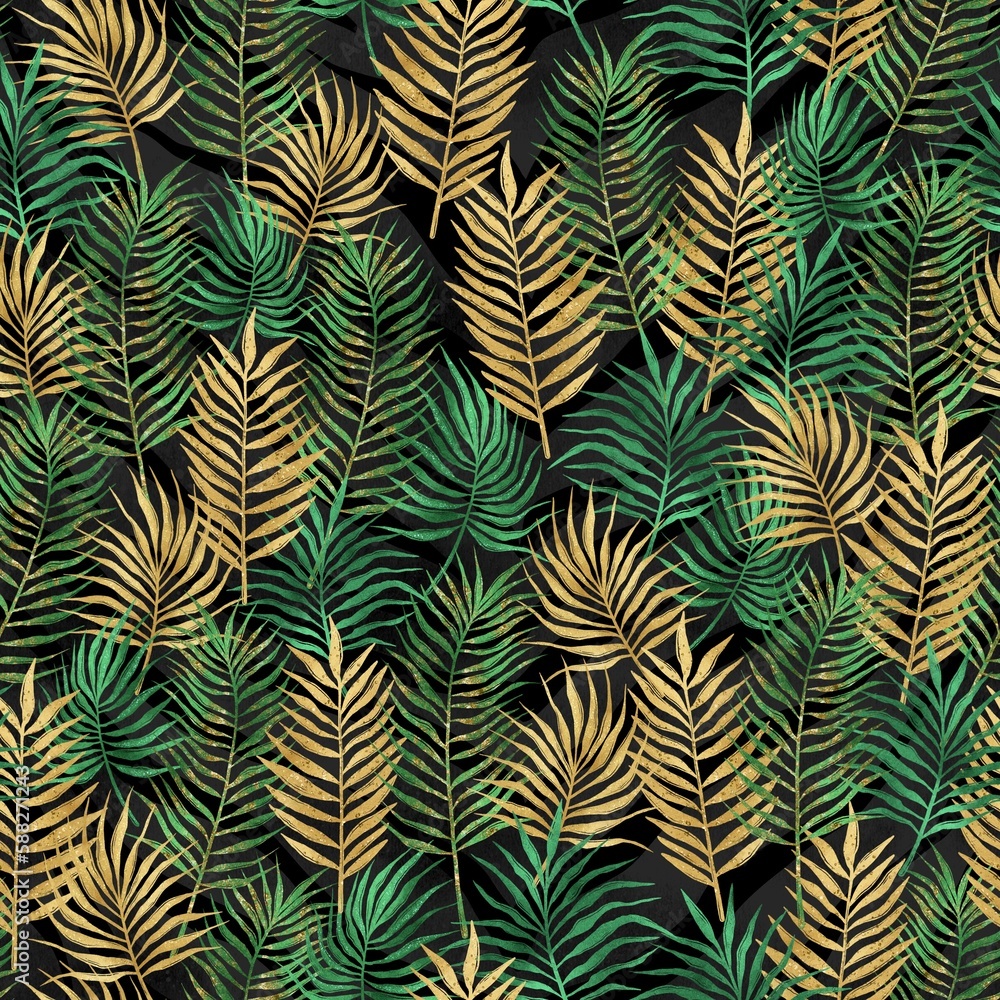 Tropical seamless pattern, gold and green leaves, black background, trendy background, exotic pattern