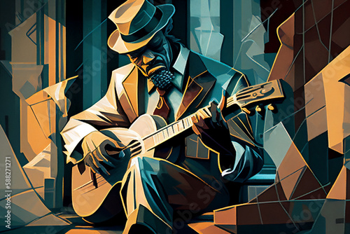 Afro-American male musician guitarist playing a guitar in an abstract cubist style painting for a poster or flyer, computer Generative AI stock illustration