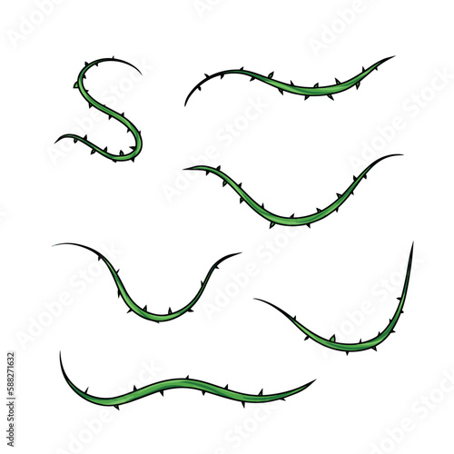 Shape of sharp liana vines. Jungle thorn branch. Forest twisted tropical wood. Collection of Natural decorative illustration isolated on white.