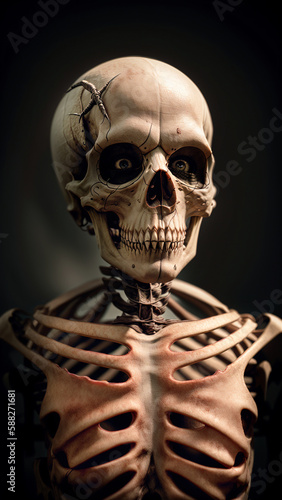 closeup of dead zombie human skeleton with human eyes and at dark background, generative AI