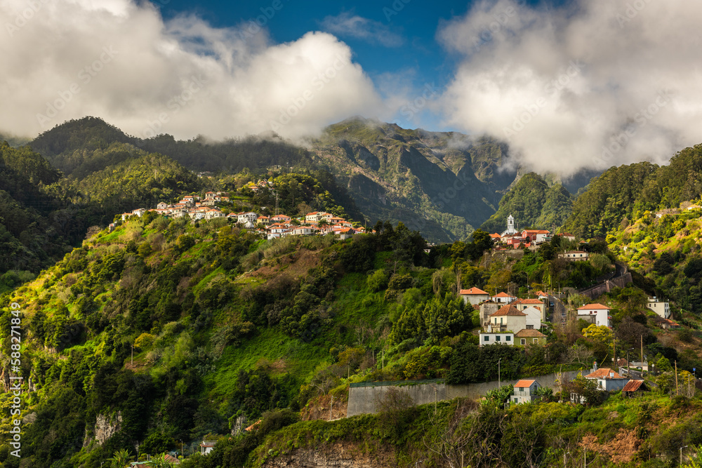 Madeira landscape with green hills and mountains village Ribeiro Frio. Wild nature in Madeira, Portugal