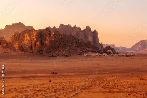 Wadi Rum desert landscape and camp tents, Jordan