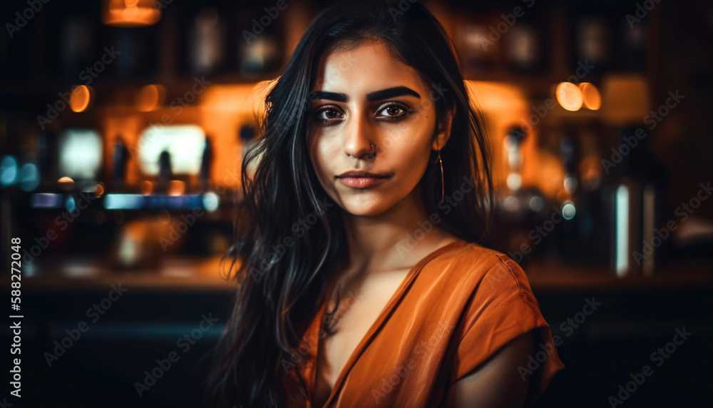 Single girl in a bar going out alone in the moody nightlife in dim light Single girl in a bar going out alone in the moody nightlife in dim light
