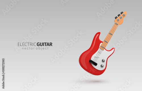 3d vector cartoon red electric guitar black on white background.