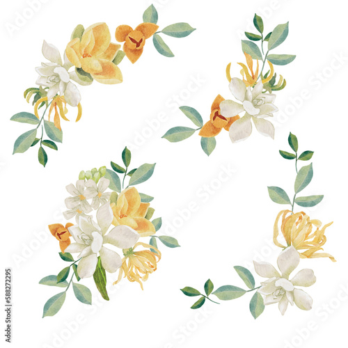 watercolor white gardenia and Thai style flower bouquet wreath frame