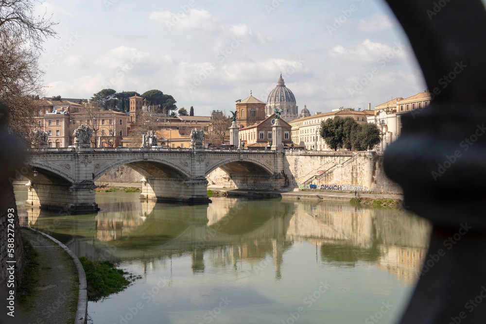 Rome. Vatican City in Italy on a summer day. St. Peter's basilica in the background, St. Angel's caste and bridge.
