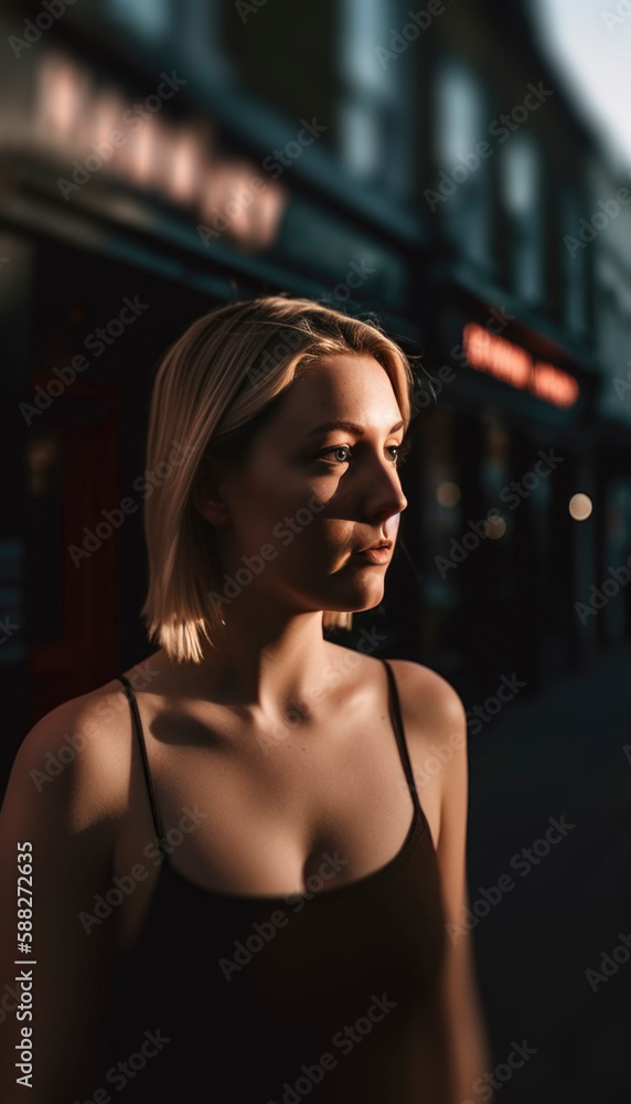 Girl all alone in the big city in a night life scene with moody street  lights